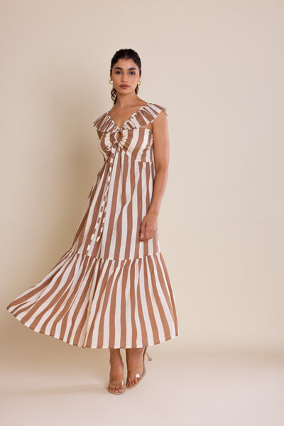 Brown Striped Cotton Maxi Dress