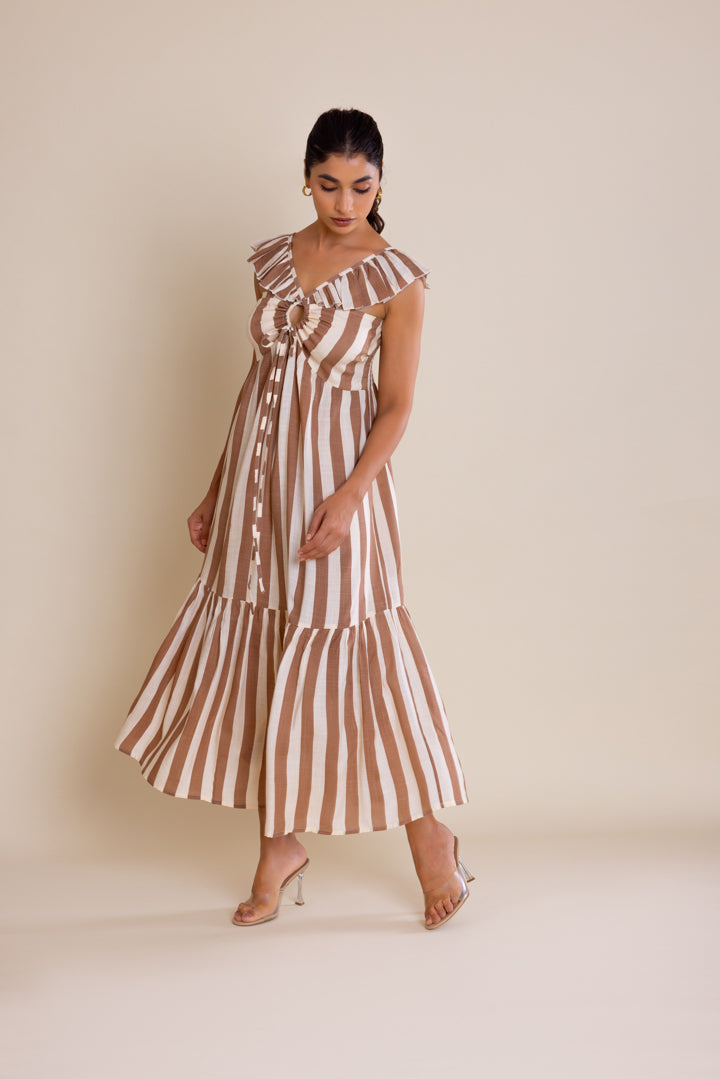 Brown Striped Cotton Maxi Dress