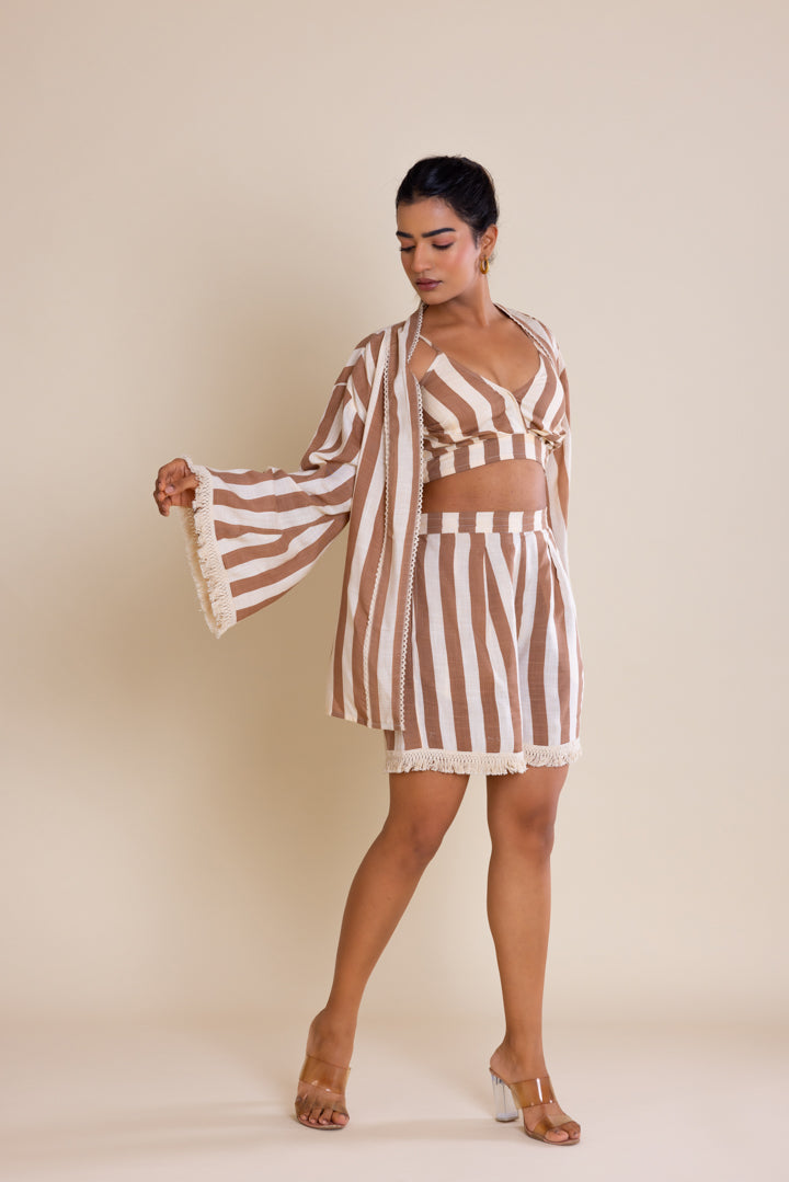 Brown Striped Short Cotton Co-ord Set