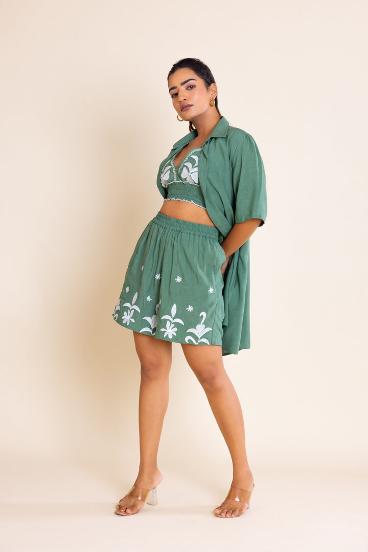 Green And White  Embroidered Boho Co-ord Set