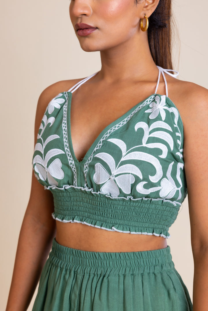 Green And White  Embroidered Boho Co-ord Set