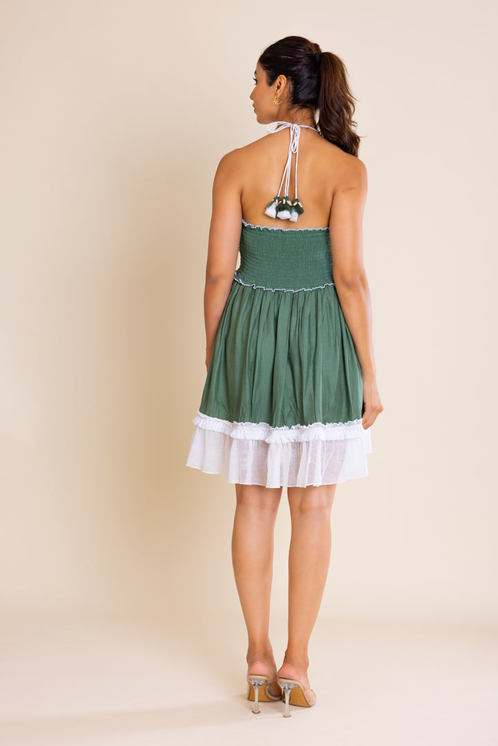 Green And White Embroidered Boho Dress