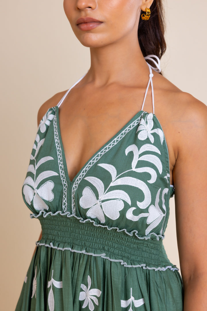 Green And White Embroidered Boho Dress