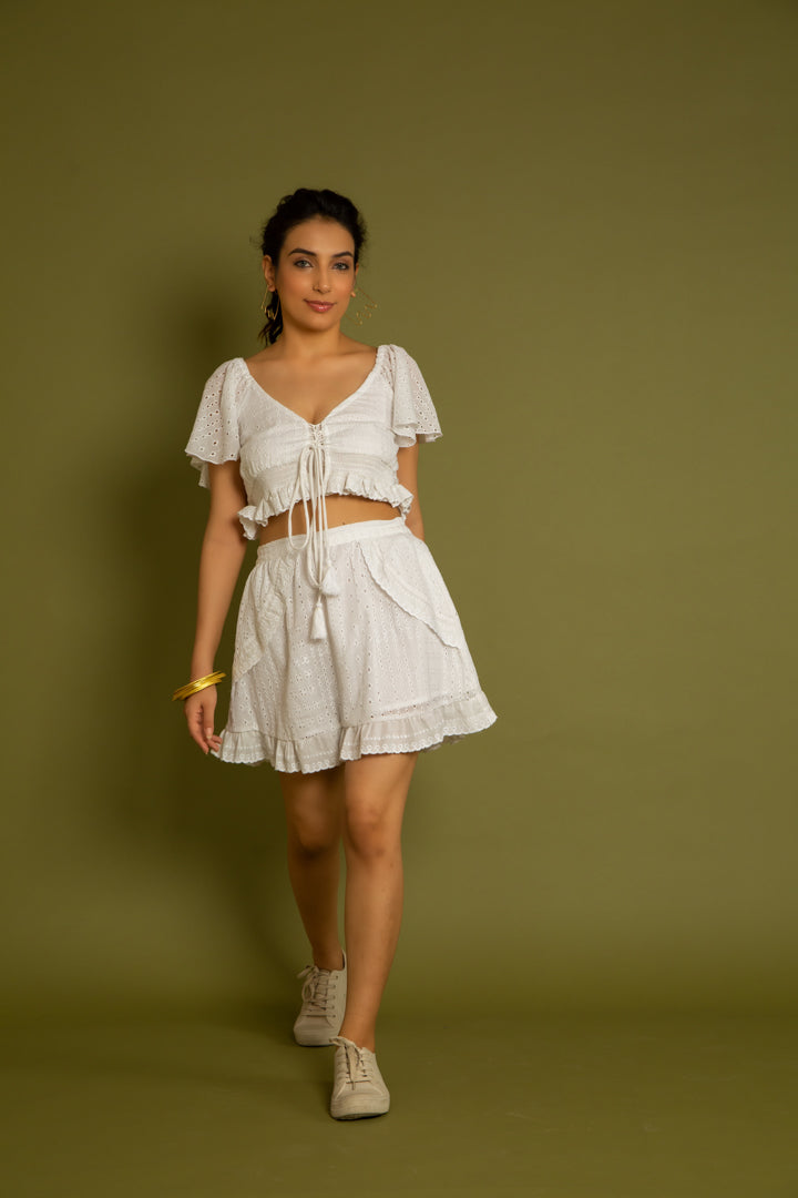 Buy White Solid Summer Co-ord Set (Set of 2)  Off-shoulder Full Sleeves  Top with White Skirt – labelreyya