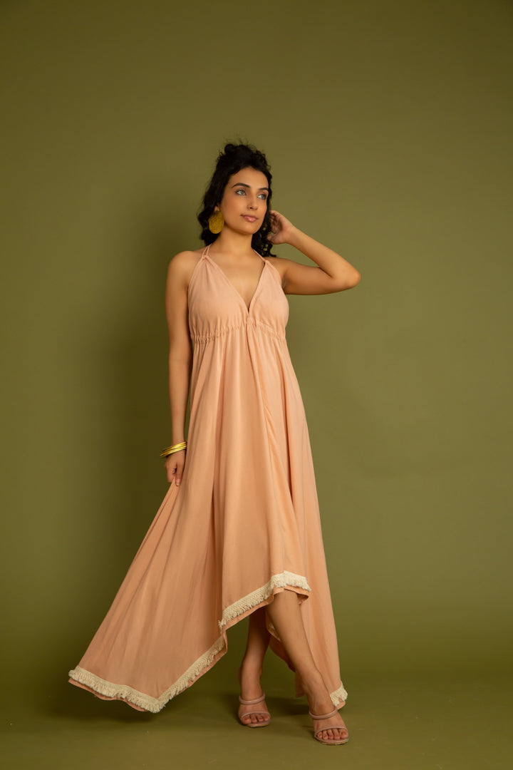 The Tenerife Peach & Sage Green v Neck Backless Maxi - labelreyya