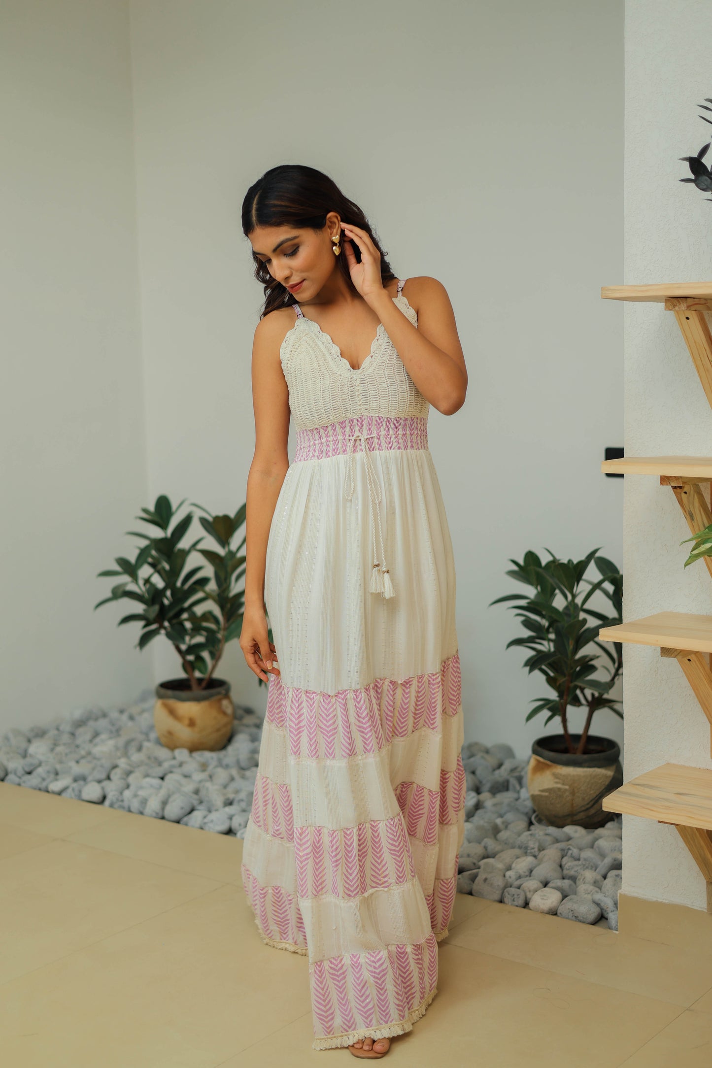 Pink-White Crochet Strappy Maxi