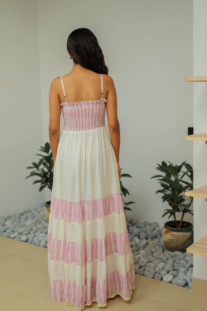 Pink-White Crochet Strappy Maxi