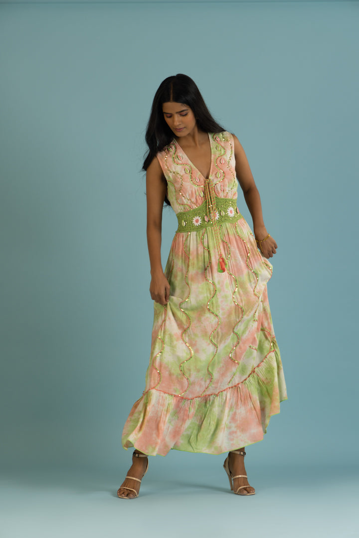 Flavia Tye-dye Botanical Boho Green Maxi