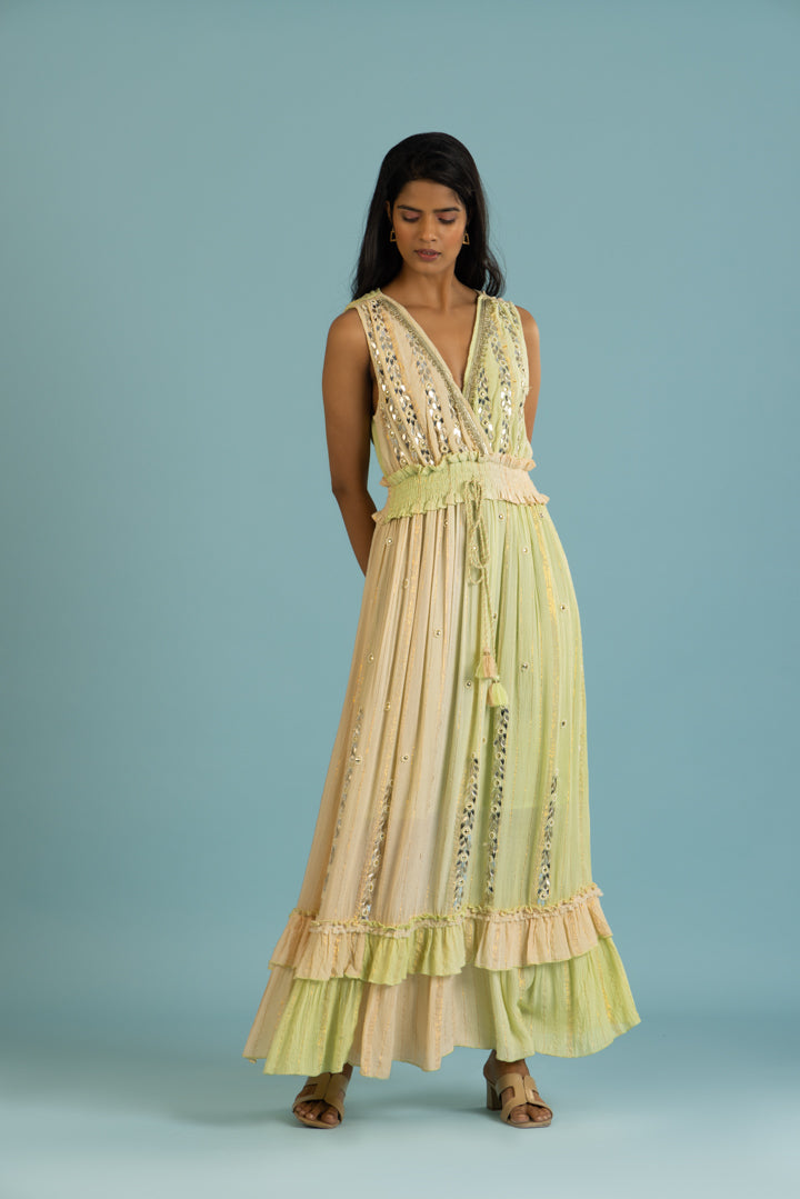 Nicola Cross-Neck mirror Work Green Summer Maxi