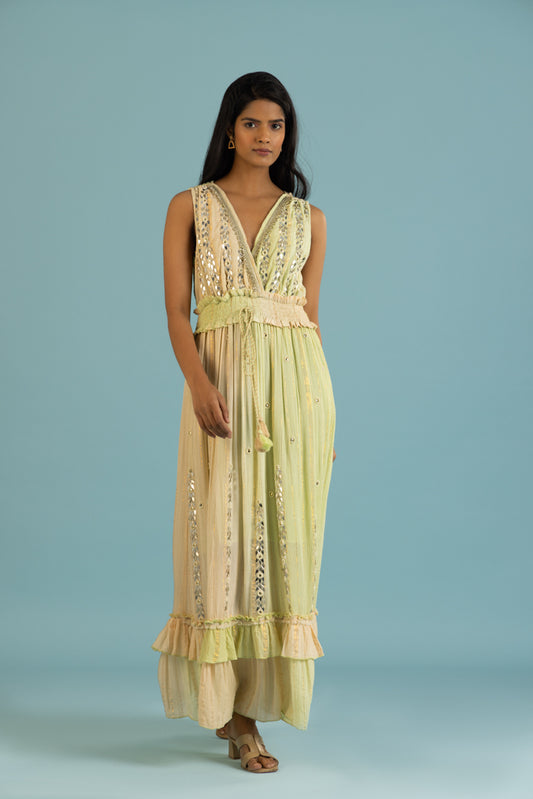 Nicola Cross-Neck mirror Work Green Summer Maxi