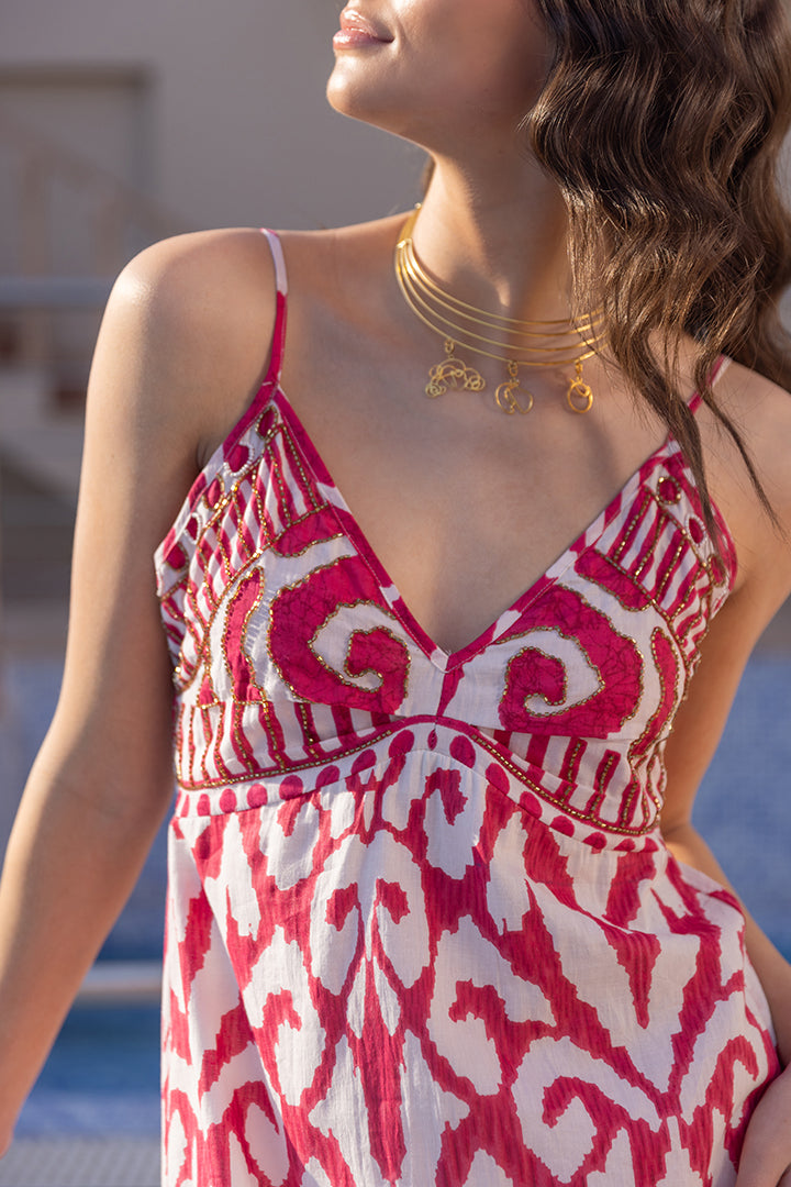 Siya Pink and White Printed Boho Maxi