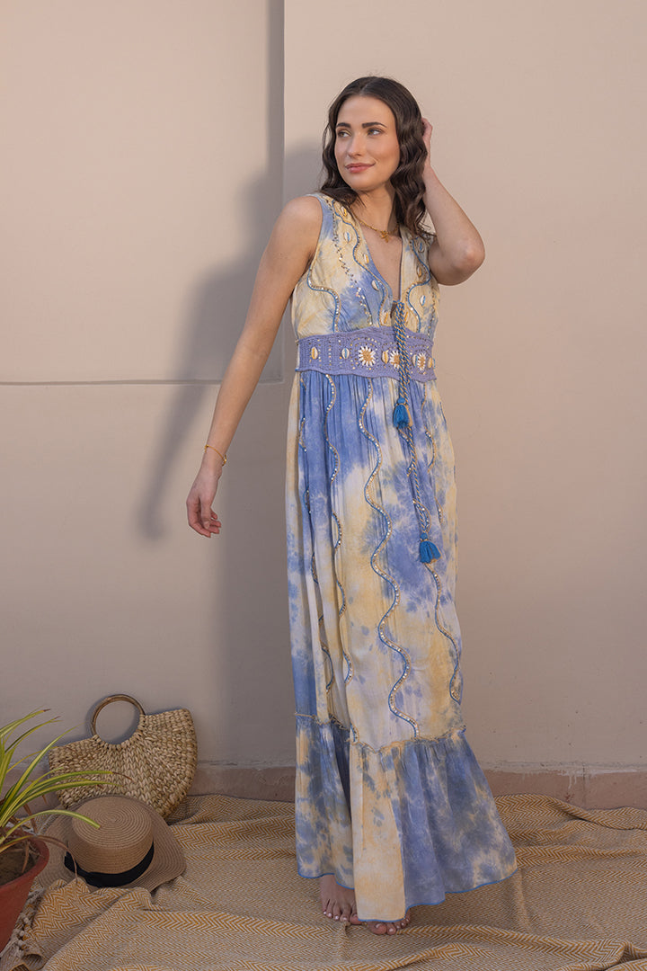 Flavia Tye-dye Botanical Boho Blue Maxi