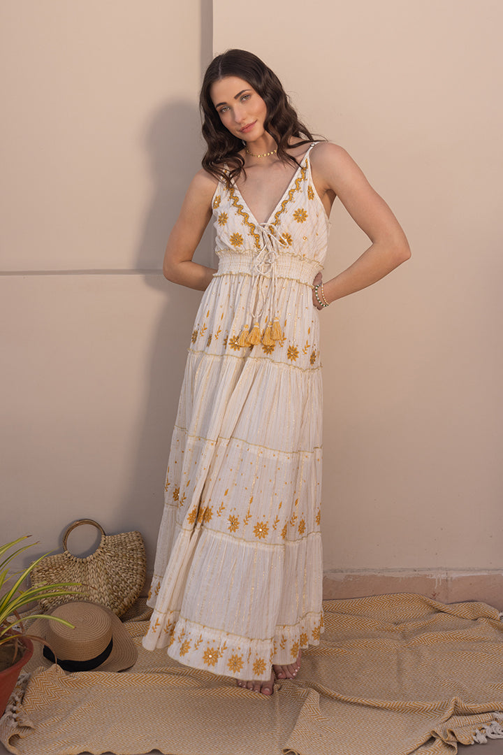 Noura Embroidered White Boho Strapy Maxi