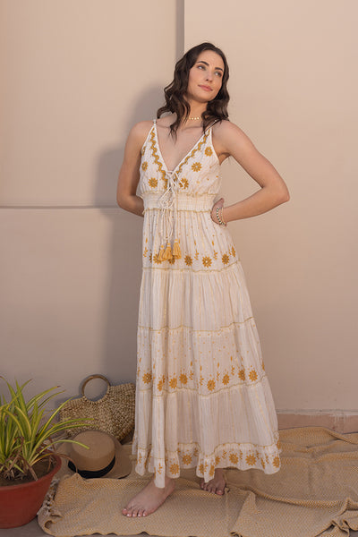 Noura Embroidered White Boho Strapy Maxi