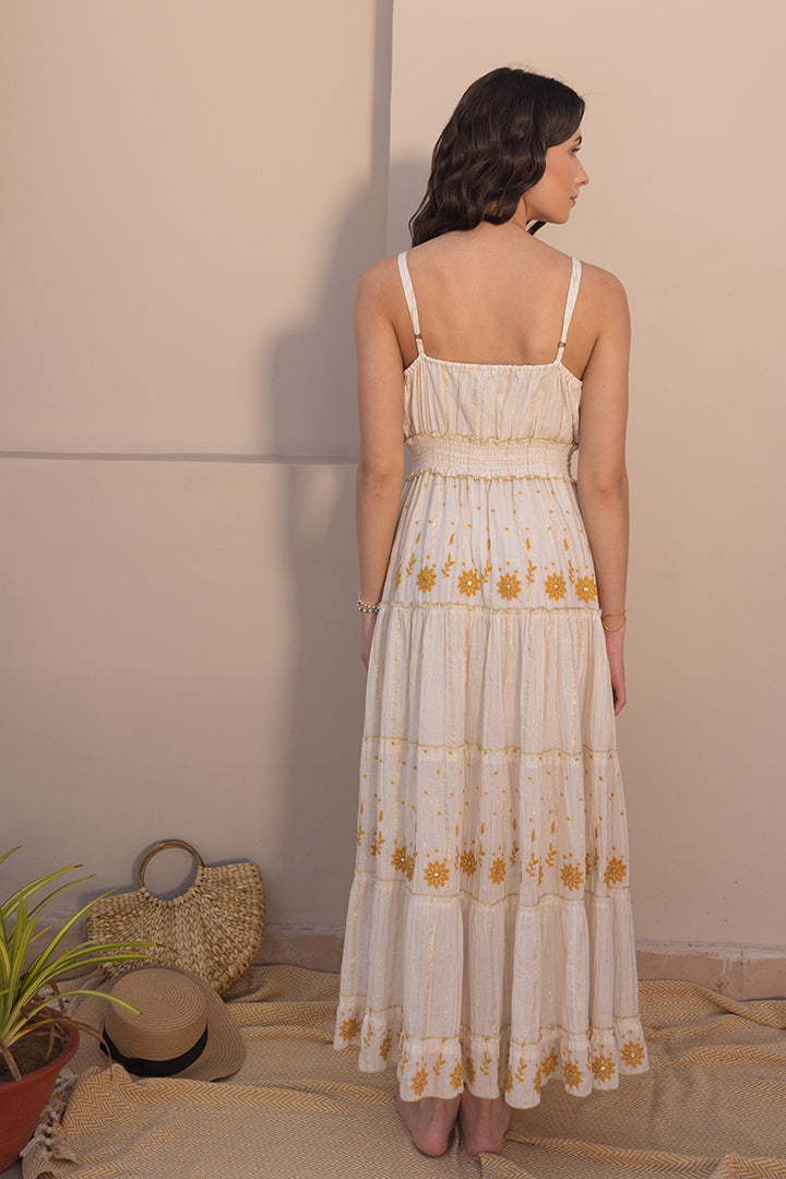 Noura Embroidered White Boho Strapy Maxi