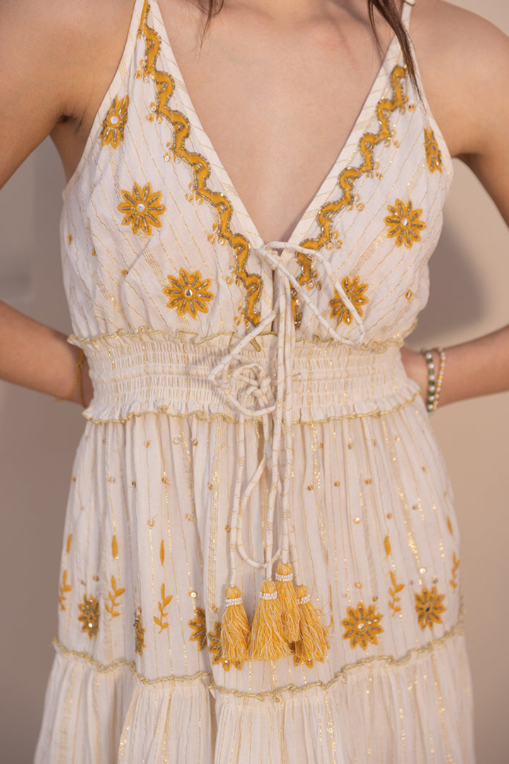 Noura Embroidered White Boho Strapy Maxi