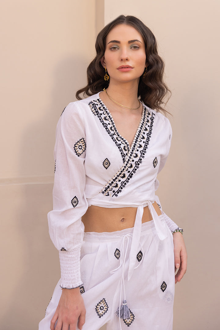 Siriya White front Tip-up Boho Cord Set With Black Embroidery