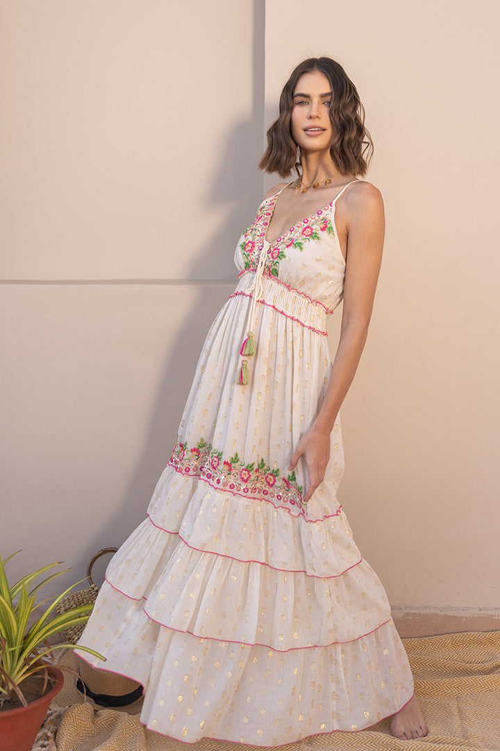 Elena Pink Floral Embroidered Boho Summer Maxi