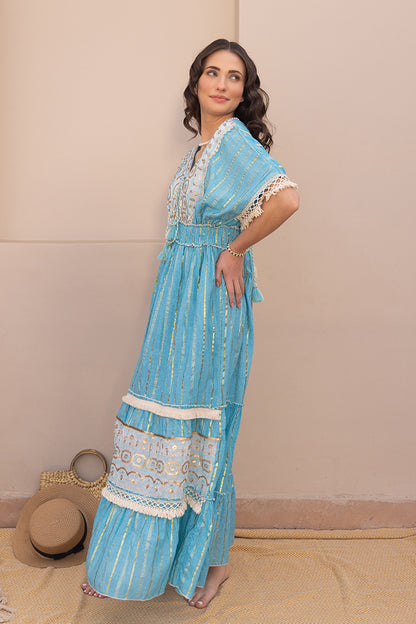 Zoya Laced Boho Blue Kaftan-Style Resort Maxi