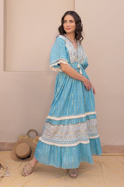 Zoya Laced Boho Blue Kaftan-Style Resort Maxi