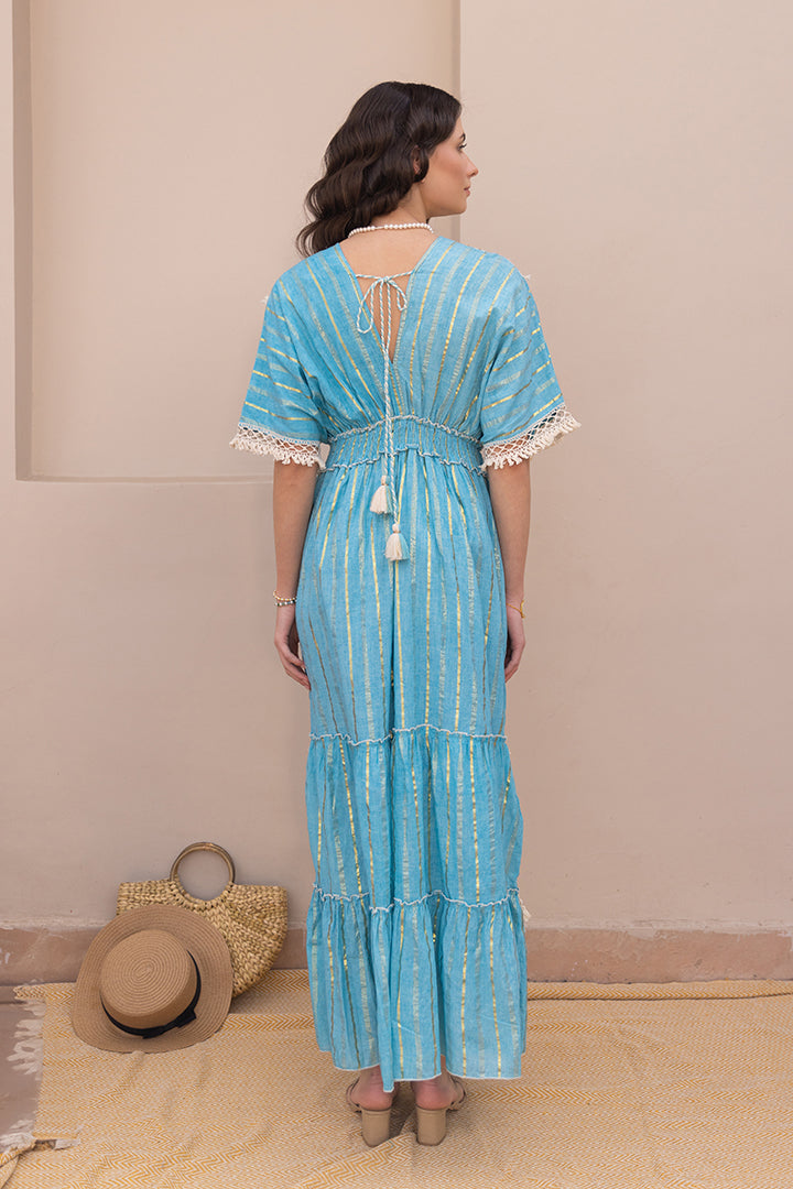 Zoya Laced Boho Blue Kaftan-Style Resort Maxi