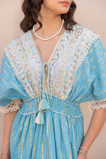 Zoya Laced Boho Blue Kaftan-Style Resort Maxi