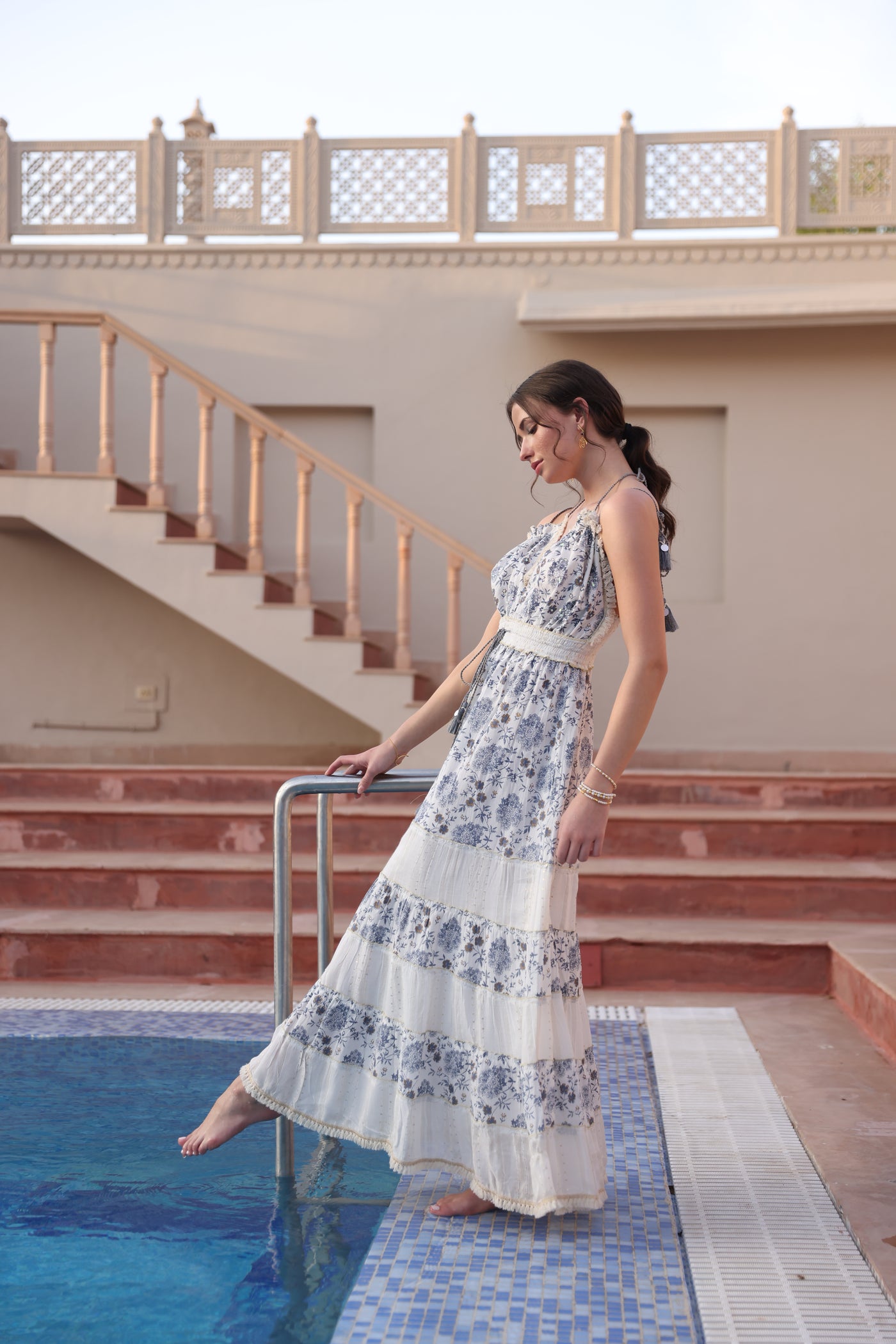 Boho Off-White & Blue Tie-Up Maxi