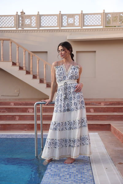 Boho Off-White & Blue Tie-Up Maxi