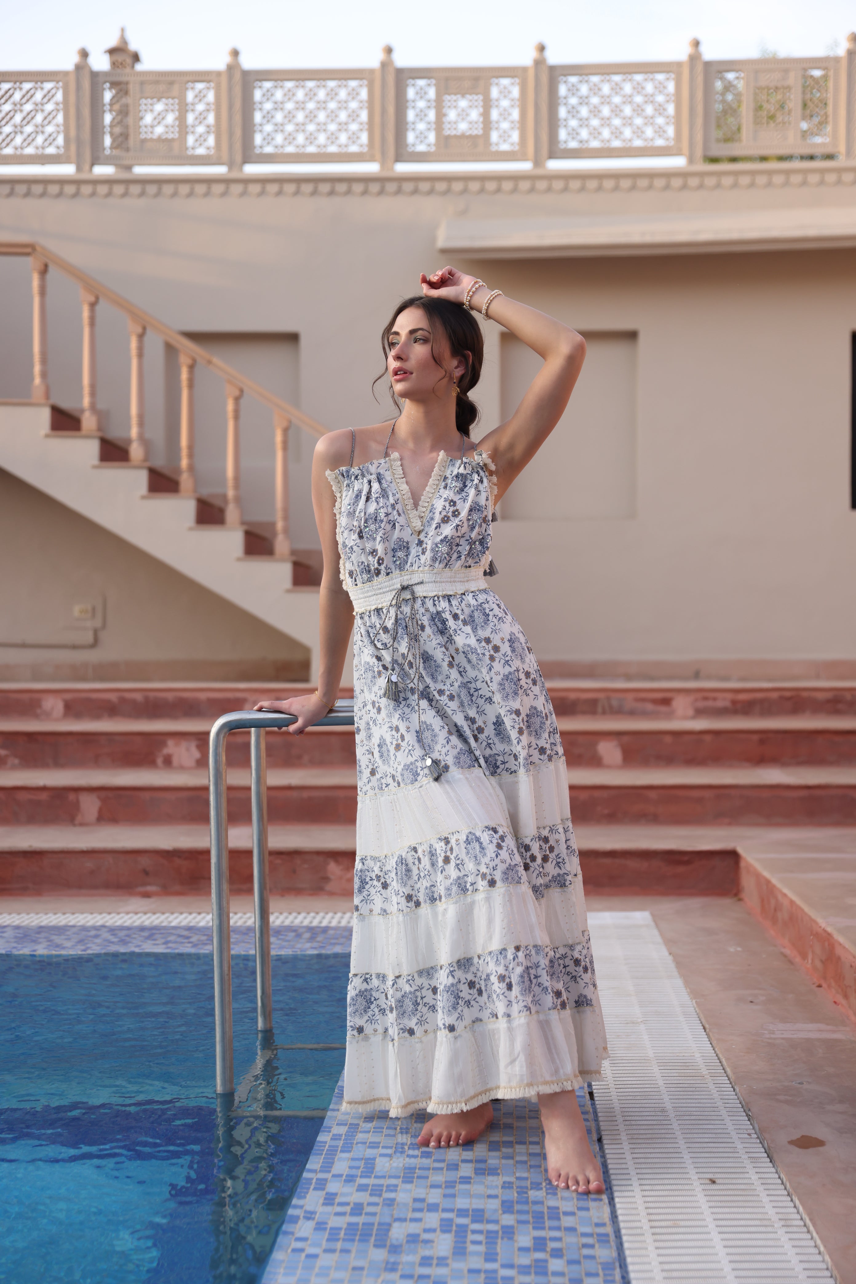 Boho Off-White & Blue Tie-Up Maxi