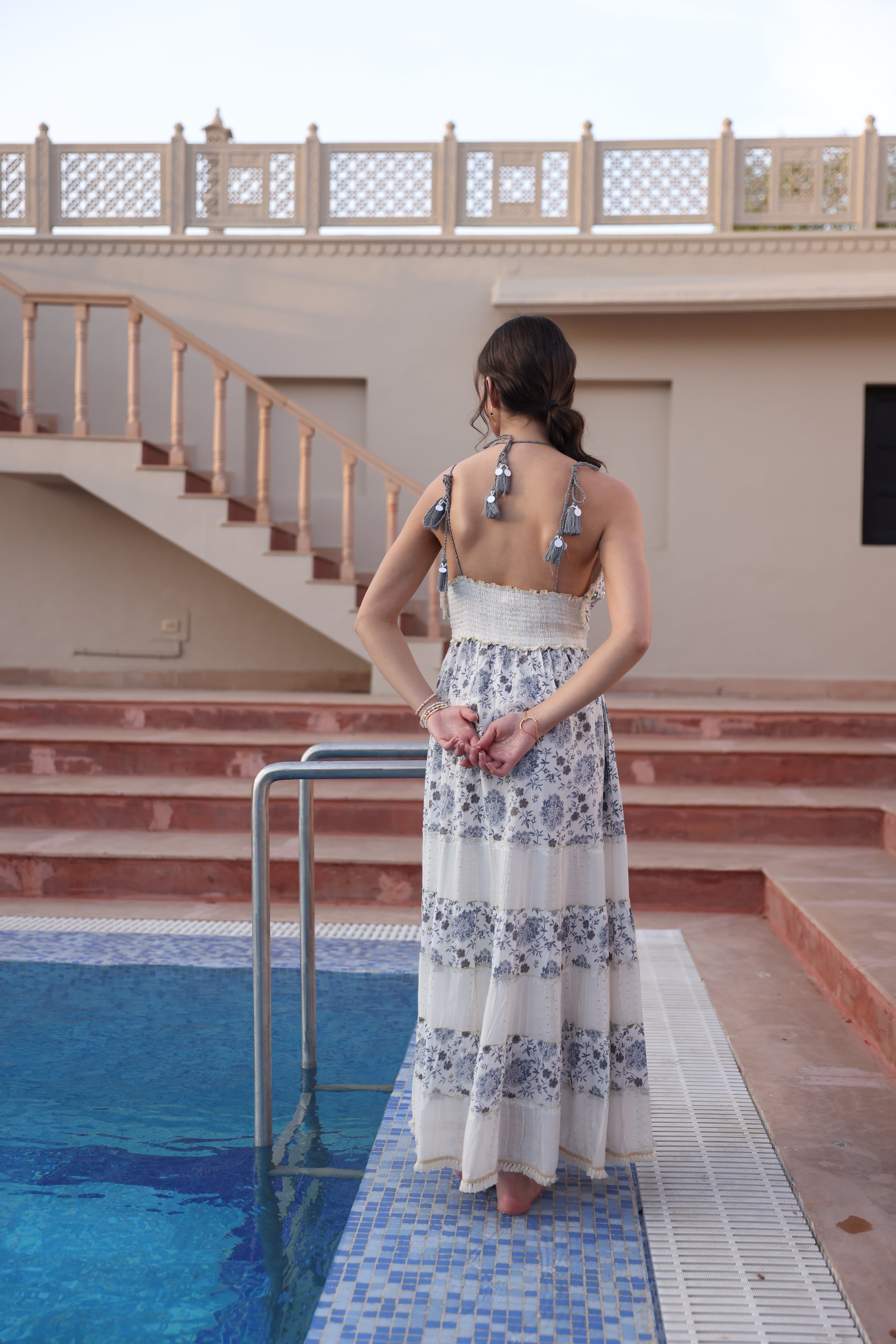 Boho Off-White & Blue Tie-Up Maxi