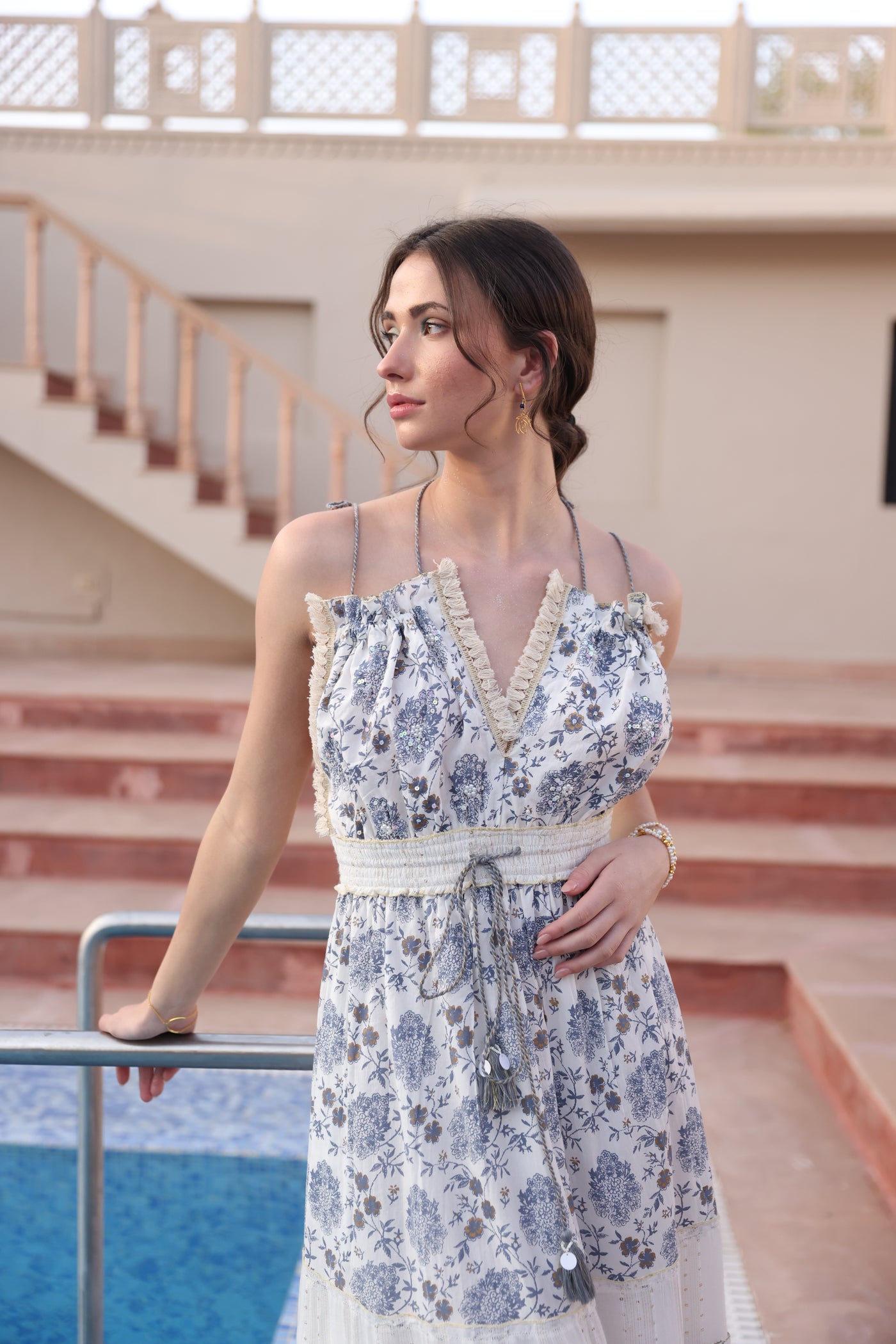 Boho Off-White & Blue Tie-Up Maxi