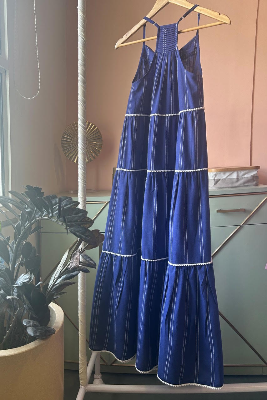 Navy Weaved Thin Striped Cotton Tiered Maxi Dress