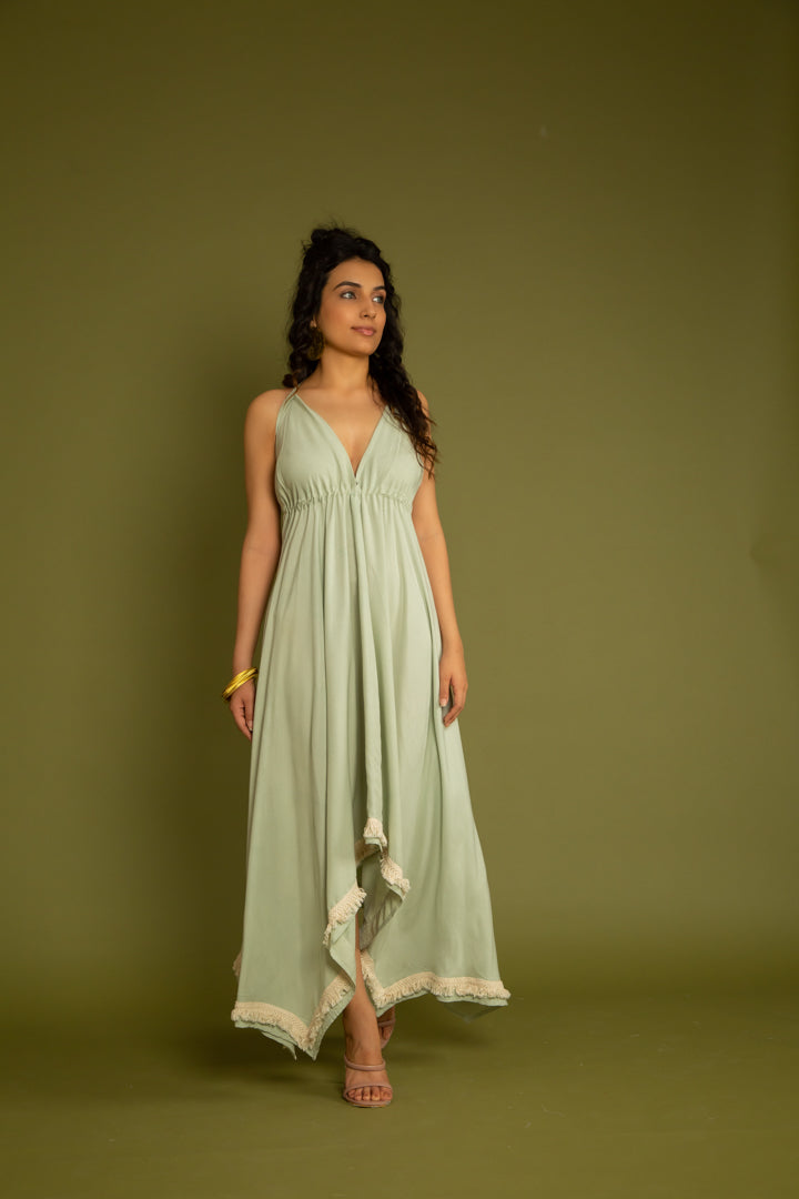 The Tenerife Peach & Sage Green v Neck Backless Maxi - labelreyya