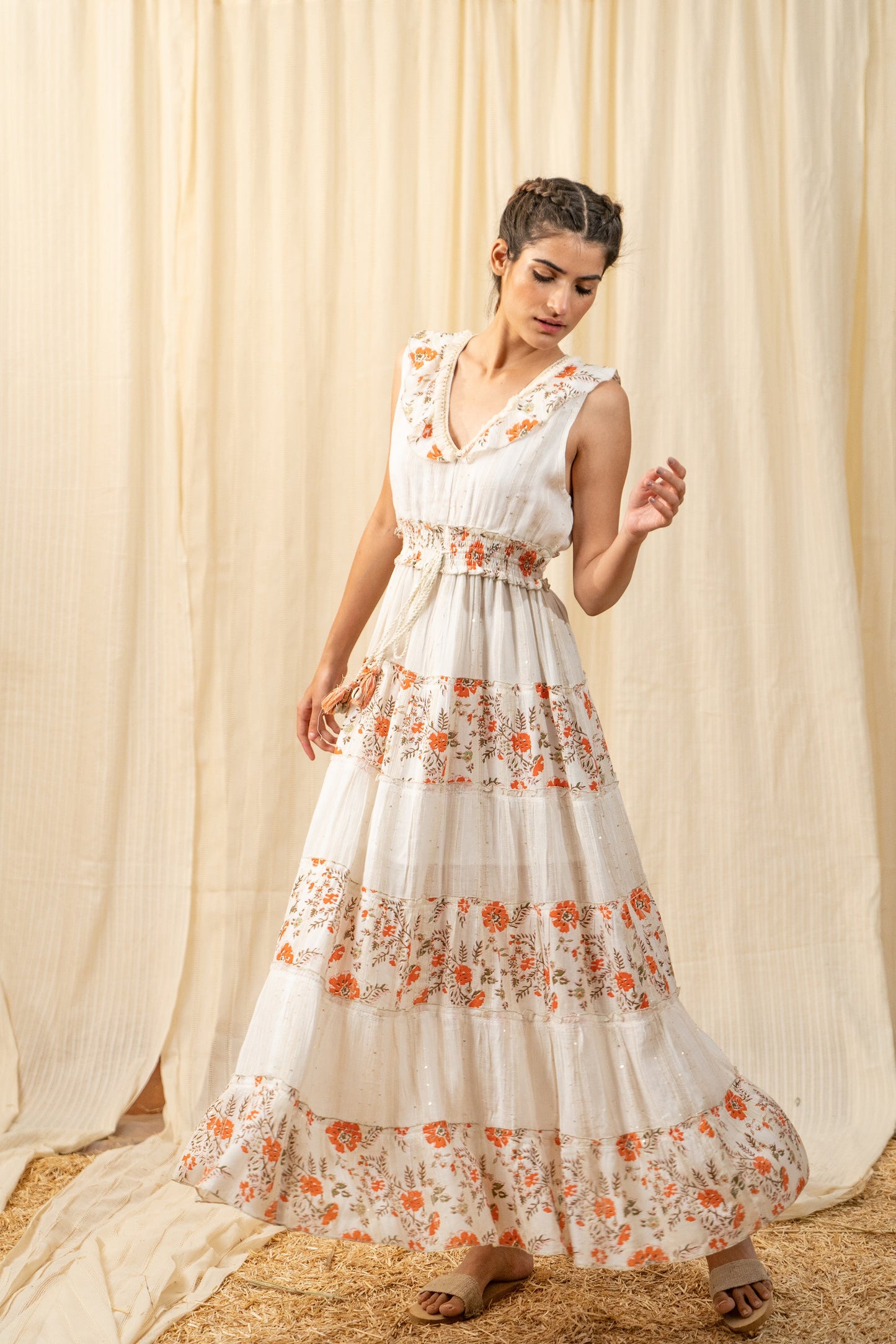 Sunset White Orange Tiered Maxi - labelreyya