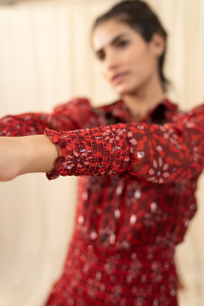 Dark Red Smocked Shirt Dress - labelreyya