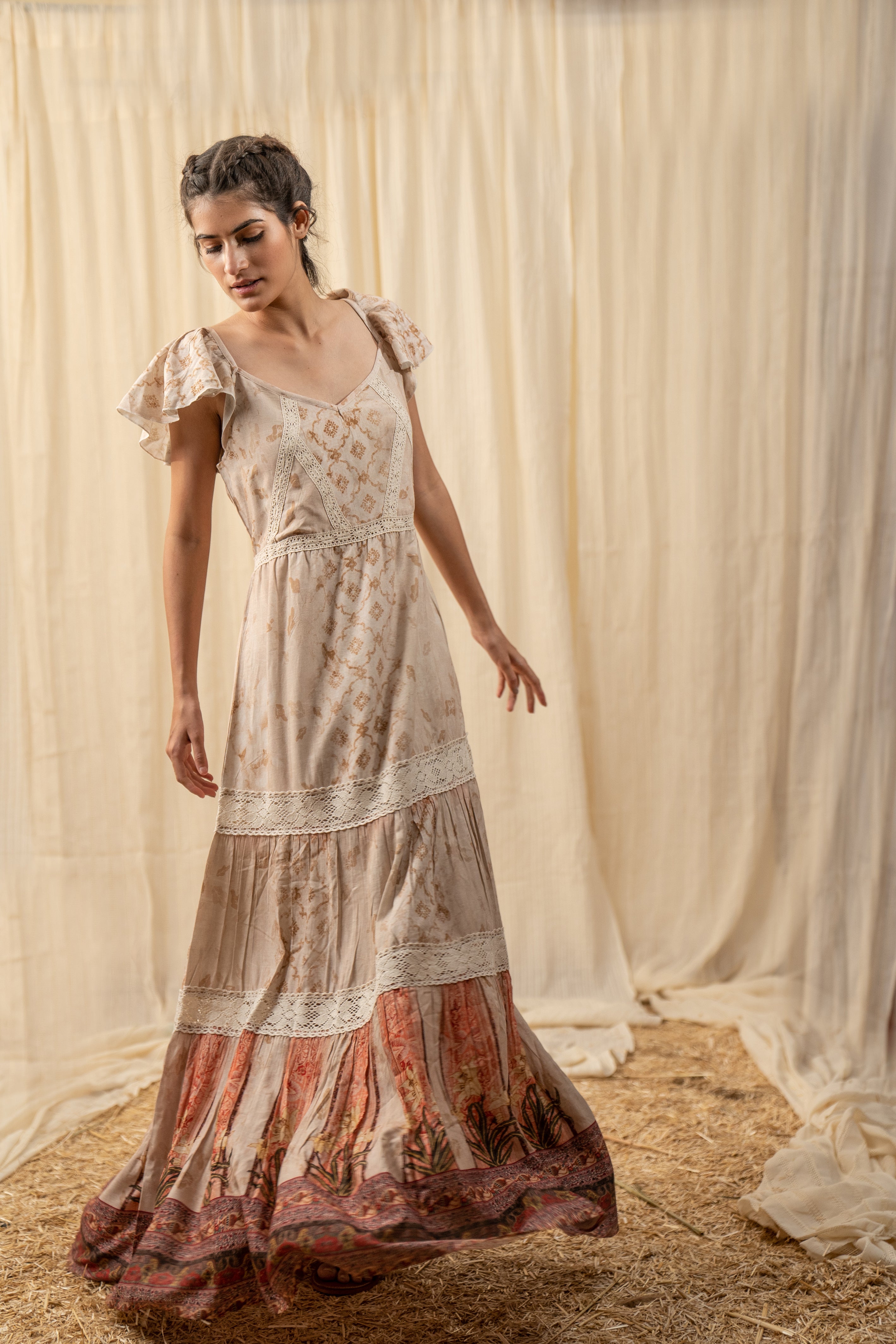 Beige Lace Tiered Maxi Dress - labelreyya