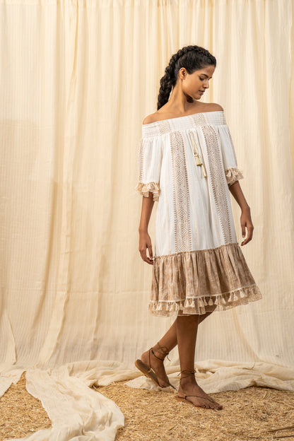 Afro Beige And White Smocked Dress - labelreyya