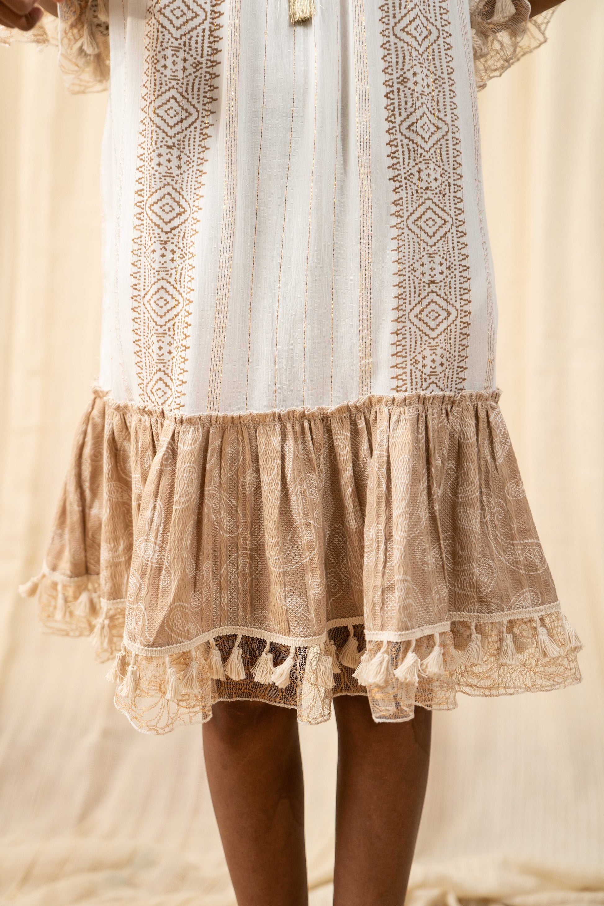 Afro Beige And White Smocked Dress - labelreyya